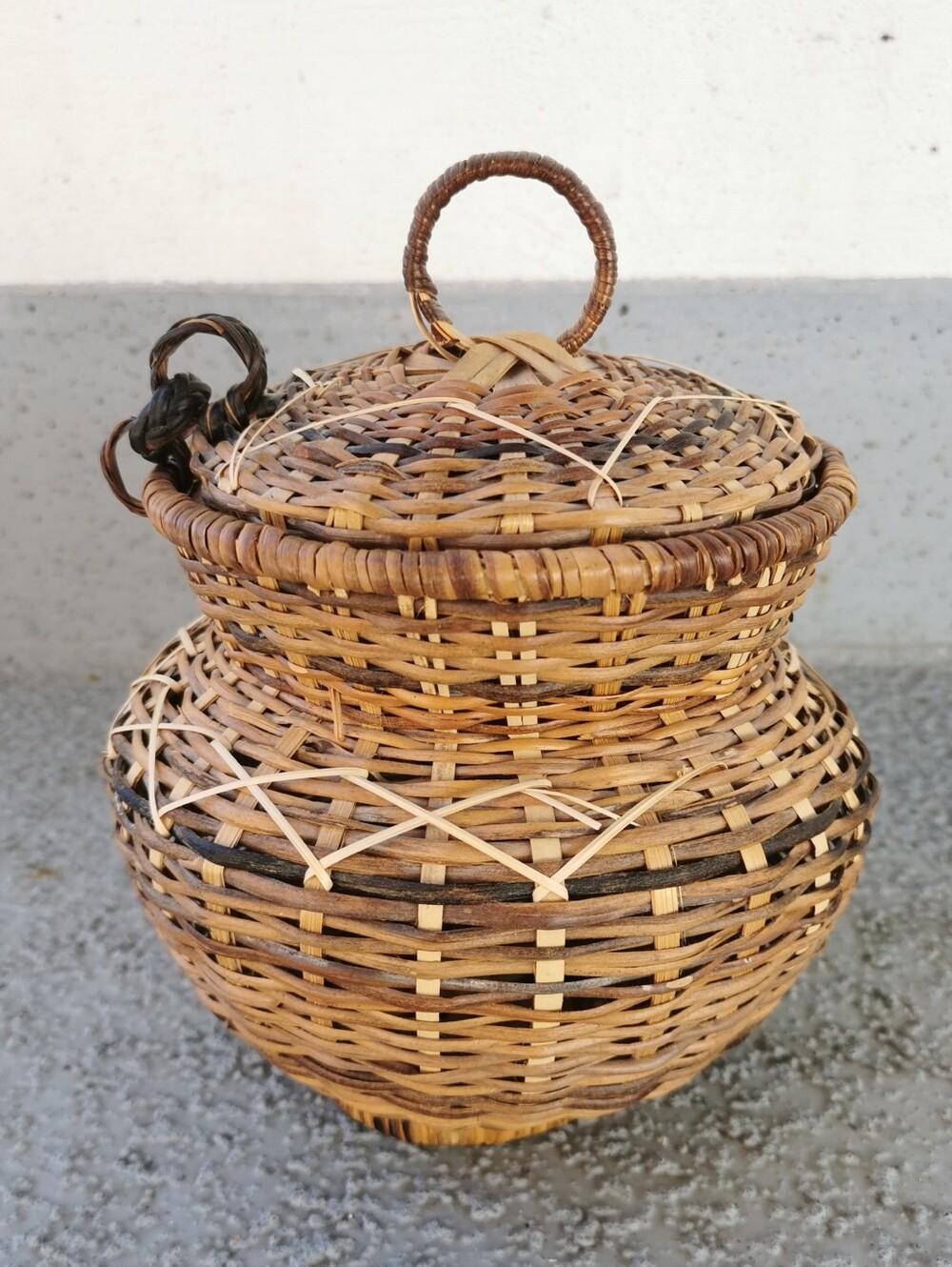 Vintage Handwoven Bamboo Rattan Two-Tier Lidded Basket